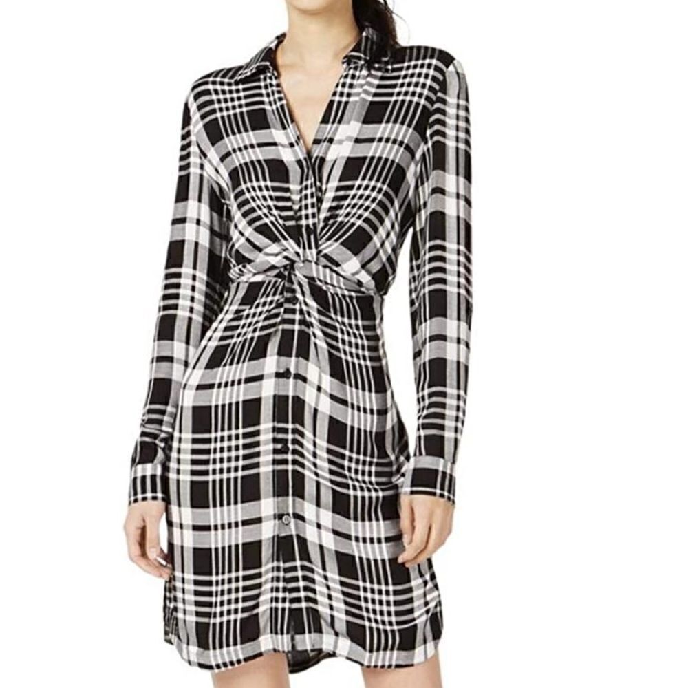 INC International Concepts Plaid Twist-front Button Down Shirt Dress Size Medium